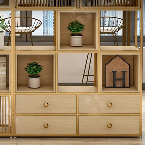 Six Layer Rustic Wood Bookshelf Set Designed For A Fresh Setup With Sturdy Standing Storage Shelves featuring open compartments and drawers.