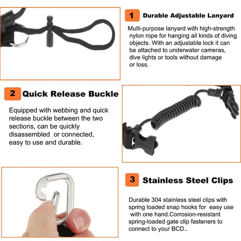 Diagram showing features of Scuba Diving Coil Lanyard With Stainless Steel Spring Clip And Quick Release Buckle For Underwater Gear
