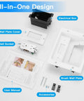 All In One Wall Cable Concealer Kit For TV Setup, Recessed Outlet Box With Brush Wall Plate displayed with components and manual