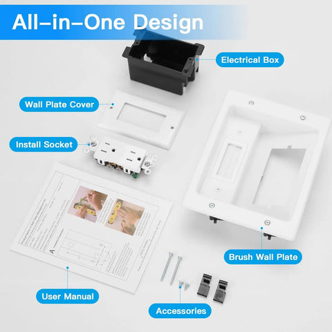 All In One Wall Cable Concealer Kit For TV Setup, Recessed Outlet Box With Brush Wall Plate displayed with components and manual