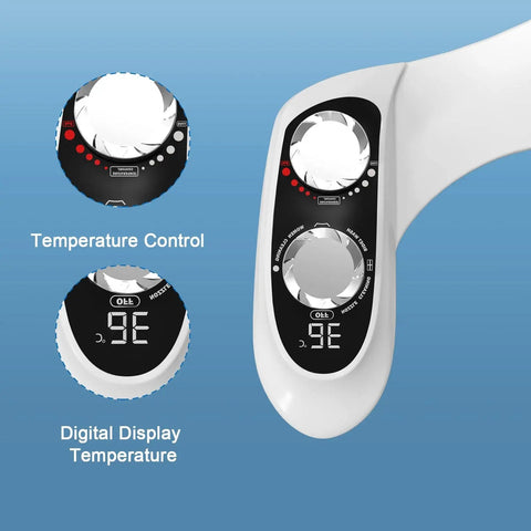 Close-up of Tankless Bidet Toilet Attachment With Digital Temperature Display and adjustable control knobs.