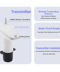 Side view of Wireless Ultrasonic Water Level Sensor With Digital Display And Temperature Readout For Liquid Depth Monitoring Battery Powered Tank Gauge. Features detailed transmitter specifications with IP65 water resistance and wireless transmitting details highlighted.