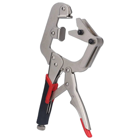 Heavy Duty C Clamp Locking Pliers With 270 Degree Rotatable Jaws For Welding Projects Chrome Steel Construction, shown from a side angle.