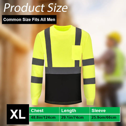 Six Pack High Visibility Long Sleeve Safety T Shirts For Men With Reflective Strips And Chest Pocket Fluorescent Yellow XL