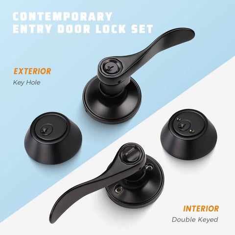 Two Pack Keyed Entry Door Lever Handle With Lock And Key Exterior Door Lock Set Double Keyed Deadbolt Matte Black Finish