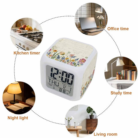 Super Chill Wildflower Digital Alarm Clock With Truly Silent Operation, Integrated Nightlight And Easy Snooze Button, Displays Time Date And Temperature, A Must Have Bedroom Essential on a desk showing time and temperature.