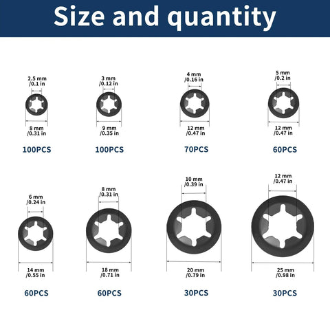 510 Piece Internal Tooth Star Lock Washers Set For M2.5 To M12 Push On Star Lock Washers sizes and quantities chart
