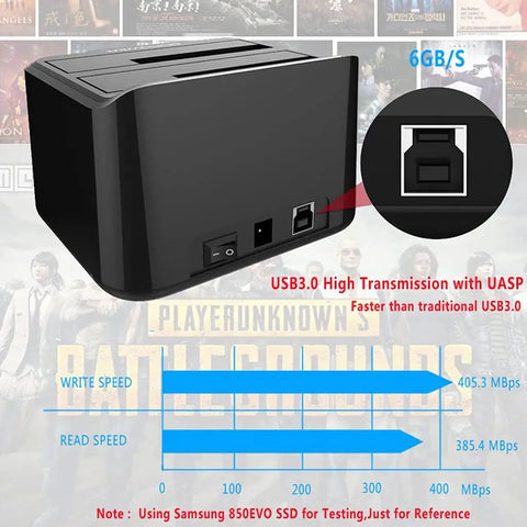 Premier Dual Bay External Hard Drive Docking Station Supporting 2.5 And 3.5 Inch SSD And HDD Drives Via Rapid SATA III To USB 3.0 Connection side view showing USB 3.0 ports.