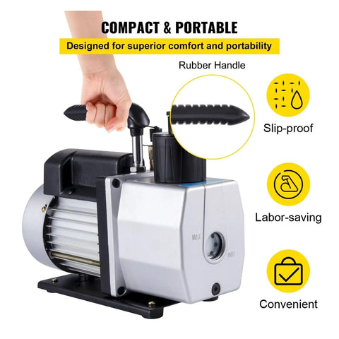 Dual Stage Vacuum Pump 5 CFM And One Half Horsepower For Refrigerant Ac Heating System Tool Heavy Duty Aluminum Alloy Build With Shock Proof Base Backflow Prevention Copper Motor Hvac Equipment