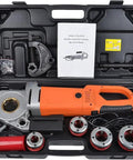 Straight-Up Heavy-Duty Electric Pipe Threader Kit Featuring Kick-Ass Copper Motor And Pro-Grade Die Heads For smooth plumbing jobs, complete kit in a carrying case.