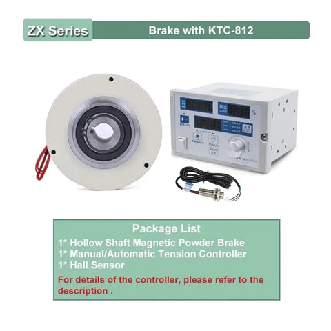 Pro Grade Magnetic Powder Brake Tension Controller Kit For Unwinding And Winding Systems With 1500rpm Hollow Shaft And Adjustable Torque 3 6 12 25 50 100 Nm DC24V Bag Making Machine Compatible Includes Brake With KTC812 6 Nm 0.6 Kg in packaging with components displayed