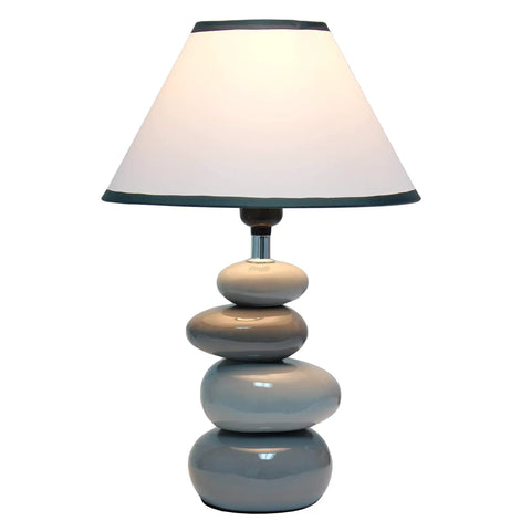 Shades Of Gray Ceramic Stacked Stone Table Lamp With Fabric Shade, modern bedside light, 14.7 inch tall, for living room or bedroom