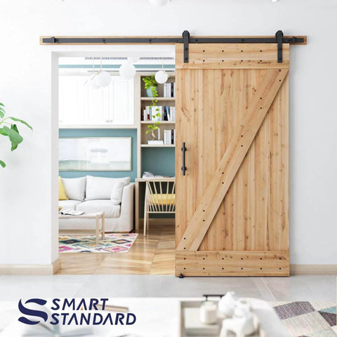 8 Ft Heavy Duty Sliding Barn Door Hardware Kit Black Finish Fits 42 To 48 Inch Doors Includes Pull Handle Set And Floor Guide