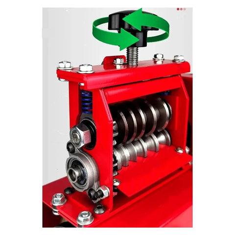 Close-up of Smooth Operator Electric Wire Stripper, showcasing metal rollers and adjustable mechanism for easy cable insulation removal.