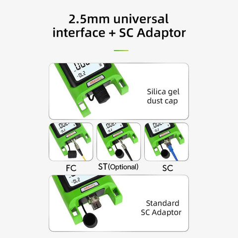Fiber Optic Light Source 1310 1490 1550 Nanometer For PON FTTH Network Testing showing SC and FC adapters in green silicon shell.