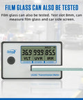 Portable Solar Tint Meter for Car Folks and Filmed Glass UV IR Transmittance Reader Light Transmittance and Spectrum Tester 8mm Slot for Direct Glass Testing UV 365nm IR 950nm Readouts shown in auto shop setting.