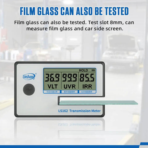 Portable Solar Tint Meter for Car Folks and Filmed Glass UV IR Transmittance Reader Light Transmittance and Spectrum Tester 8mm Slot for Direct Glass Testing UV 365nm IR 950nm Readouts shown in auto shop setting.