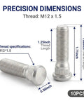 Top Tier 10 Pack M12x1.50x49mm Wheel Studs Heavy Duty Anti Rust Lug Nuts Bolts For Car Hub Replacement Fasteners Silver Oem Style, M12x1.5