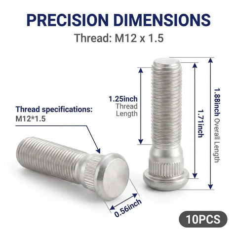 Top Tier 10 Pack M12x1.50x49mm Wheel Studs Heavy Duty Anti Rust Lug Nuts Bolts For Car Hub Replacement Fasteners Silver Oem Style, M12x1.5