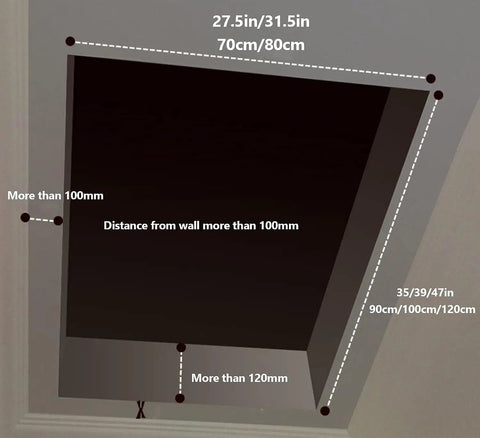 Diagram showing dimensions and installation measurements for Electric Remote Control Attic Ladder Built With Titanium Magnesium Alloy.