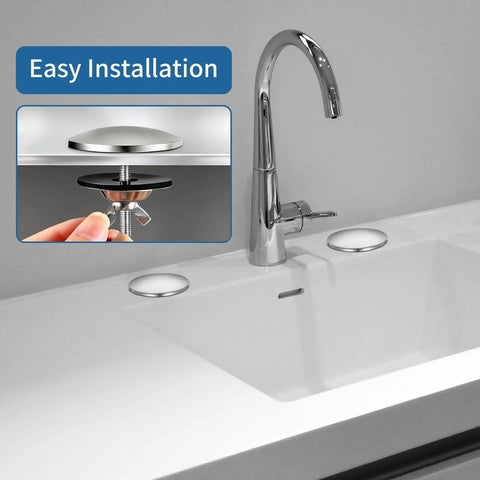 Heavy Duty 2 Inch Sink Hole Cover Featuring A Tight Leak Proof Seal For Kitchen And Bathroom Faucets on a sink with easy installation shown.