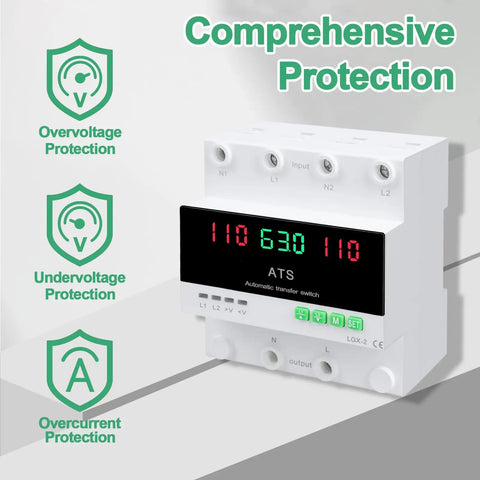 Front view of 63A 110V Automatic Manual Transfer Switch With L1 Priority Phase Selector LED Display Din Rail Mount 50/60Hz CE Certified ATS