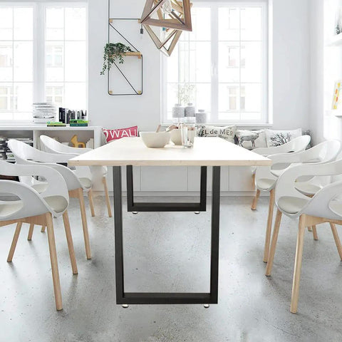 28 Inch Square Table Legs Set Black Industrial Bench Style Custom Furniture Leg Kit With Two Legs Includes Mounting Plates Adjustable Feet And All Hardware For Easy Assembly under a modern dining table in a bright room.