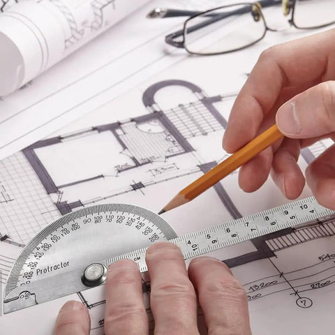 No Fuss Stainless Steel Zero To One Eighty Degree Round Head Protractor And Angle Finder showing accurate measurements on blueprints.