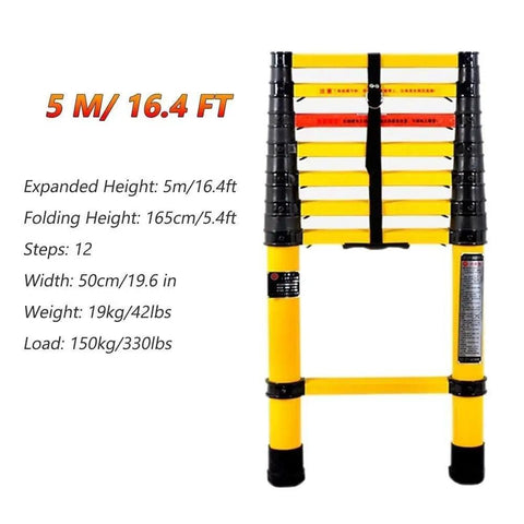 Rock Solid Fiberglass Telescoping Ladder For Electrical Work And Home Attic Tasks With Non Conductive Build And Hella Secure Thumb Lock Plus Durable 330 Pound Heavy Duty Load Rating And No Sweat Setup, expanded to 5m/16.4ft.