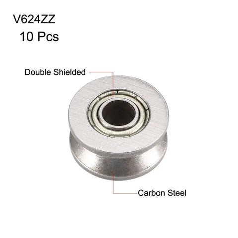 Close-up of V624ZZ deep groove ball bearing, 4x13x6mm, shielded carbon steel, labeled double shielded, for guide rails and pulleys.