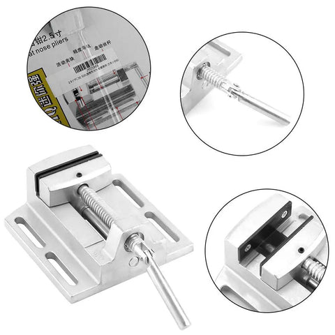 Heavy Duty Cast Iron Drill Press Vise And Milling Machine Vice Tool, 2.5 Inch Bench Clamp Fixture shown from multiple angles.
