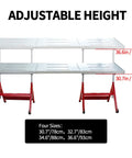 Heavy Duty Steel Welding Workbench Rig With Adjustable Height And Angle Foldable Shop Station Rolling On Smooth Casters showing adjustable heights 30.7 to 36.6 inches.