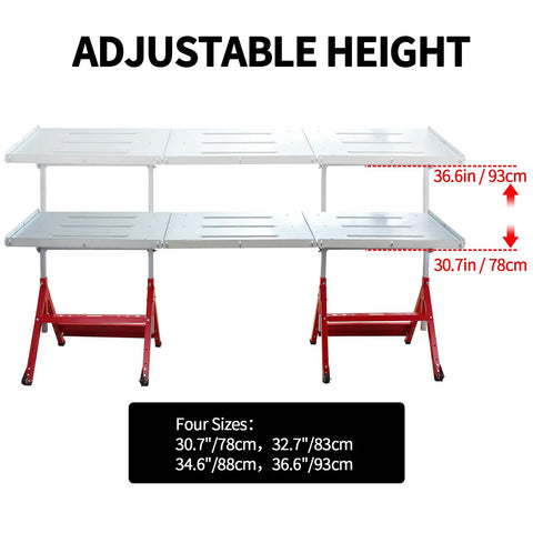 Heavy Duty Steel Welding Workbench Rig With Adjustable Height And Angle Foldable Shop Station Rolling On Smooth Casters showing adjustable heights 30.7 to 36.6 inches.
