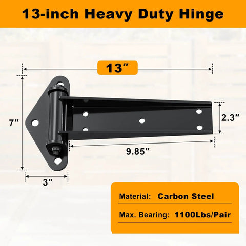 Heavy Duty Gate Hinges 13 Inch Solid Carbon Steel Bolt On Weld On Set Of 4 1100 Lbs Capacity, dimension details shown