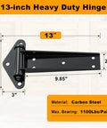 Solid As A Rock Weld On T Hinges For Heavy Duty Gates 13 Inch 1100 Lb Capacity crafted from carbon steel with dimensions shown.