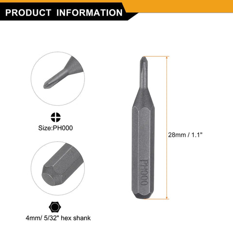 PH000 Phillips Screwdriver Bits Set 10 Pack Pro Grade Magnetic Cross Head 5 32 Inch Hex Shank 28mm Length S2 Steel Driver Bits For Electric And Manual Screwdrivers Precision Repair shown