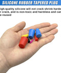 DUSCOKE 42 Piece Tapered Plugs Assortment Kit High Temp Silicone Rubber Stoppers For Media Blasting And Powder Coating Masking Holes During Painting Or Spray Jobs With 8 Sizes Including Tiny To Big Hole Filler, color coded silicone tapered plugs in hand