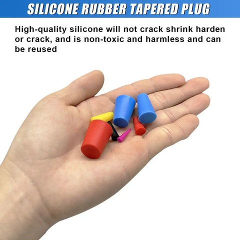 DUSCOKE 42 Piece Tapered Plugs Assortment Kit High Temp Silicone Rubber Stoppers For Media Blasting And Powder Coating Masking Holes During Painting Or Spray Jobs With 8 Sizes Including Tiny To Big Hole Filler, color coded silicone tapered plugs in hand