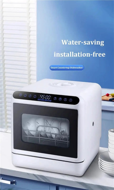 Compact Portable Mini Countertop Dishwasher With Smooth Fully Automatic Drawer Operation For Small Kitchens And Apartment Living offering visible clean plates inside.