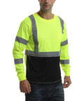 Kickass High Visibility Class 3 Hi Vis Safety Shirt With Reflective Strips And Pocket Long Sleeve Quick Dry Mesh Workwear For Construction Jobs Built Tough And Sweat Free For Active Crews In Lime And Black, worn by a male model.