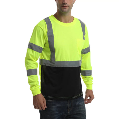 Kickass High Visibility Class 3 Hi Vis Safety Shirt With Reflective Strips And Pocket Long Sleeve Quick Dry Mesh Workwear For Construction Jobs Built Tough And Sweat Free For Active Crews In Lime And Black, worn by a male model.