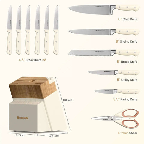 14 Piece Full Tang Kitchen Knife Set With Wood Block Sharpener Dishwasher Safe Anti Slip Ergonomic Handles High Carbon Stainless Steel Blades Ideal Valentine Gift Utensil Set For Kitchen Pros