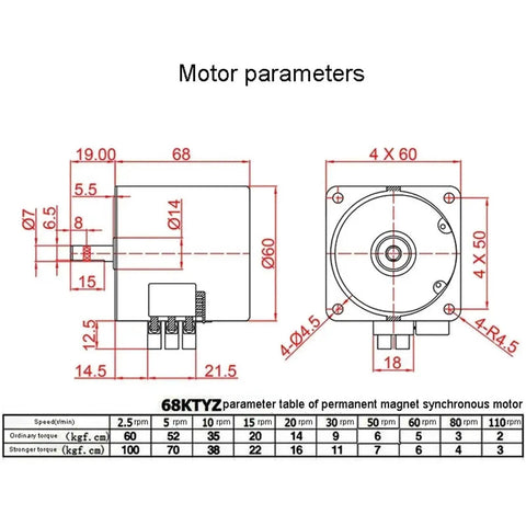 Technical diagram of Low Speed 28W 220V AC Motor With Reversible Permanent Magnet Synchronous Drive, 68KTYZ specifications.