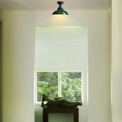 Industrial 12 Inch Semi Flush Mount Ceiling Light With Green Barn Style Lampshade And Gray Fixture in hallway decor