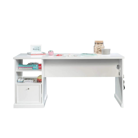 Game Changing Adjustable Sit Stand Computer Desk With Storage And Heavy Duty Home Office Craft Table Plus Vibe Ready Writing Desk For Modern Bedroom in white with drawers and shelves.