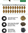 Infographic of 3lb Garden Seeder Workhorse With 7 Seed Plates For Precise Planting In Prepared Soil, Sweet Corn Planter details.