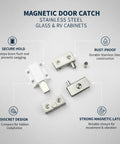 Magnetic Door Catch for Glass Doors and RV Cupboards, showcasing stainless steel components and features.