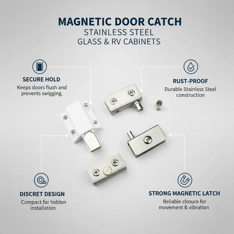 Magnetic Door Catch for Glass Doors and RV Cupboards, showcasing stainless steel components and features.
