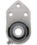 Rock Solid Heavy Duty Three Bolt Flange Mount Ball Bearing Insert Unit With Rugged Cast Iron Housing and Tight Set Screw Locking For Industrial Machinery, front view showing bearing.