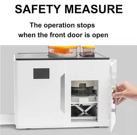 Automatic Roti Maker Electric Tortilla Machine With Touch Screen 1800W showing safety features with open front door.